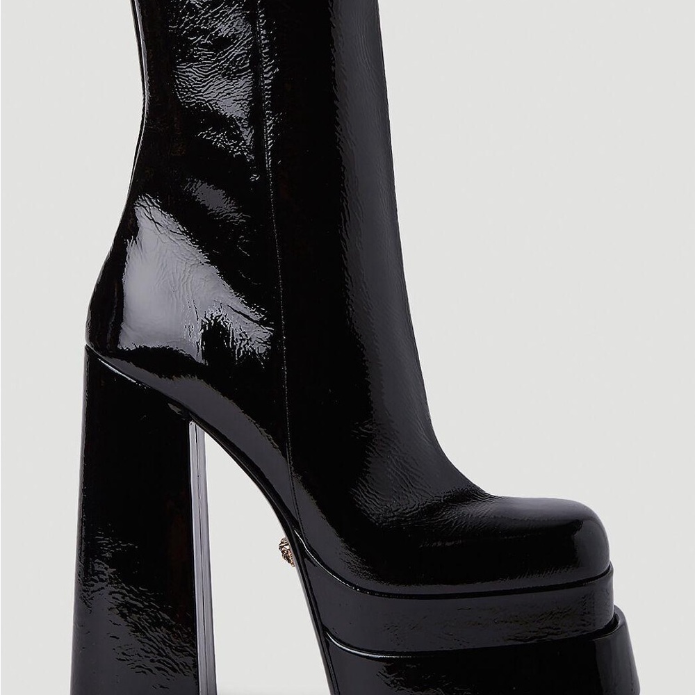 VERSACE | Patent leather side zip designer platform heeled mid calf boot - Picture 5 of 9